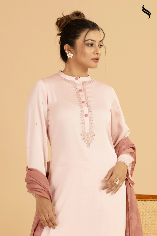 SEESHELL Women's Three Piece Silk Contrast Light Pink Mauve (Light pink and mauve Color) 02