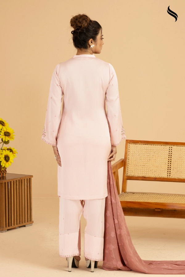 SEESHELL Women's Three Piece Silk Contrast Light Pink Mauve (Light pink and mauve Color) 03