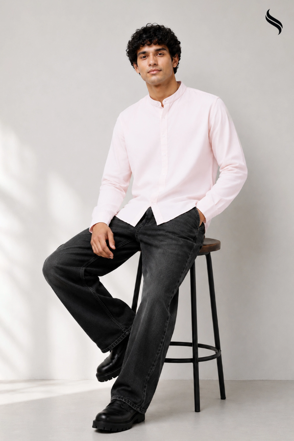 SEESHELL Men's Band Collar Shirt Premium Cotton Light Pink (Light Pink Color) 02