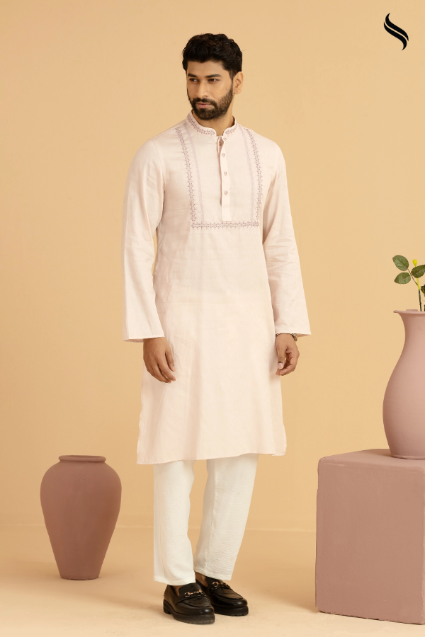 SEESHELL Men's Panjabi Cotton Tambour Embroidery Light Pink (Light Pink Color) 02