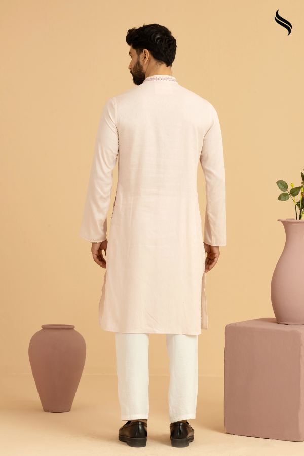 SEESHELL Men's Panjabi Cotton Tambour Embroidery Light Pink (Light Pink Color) 03