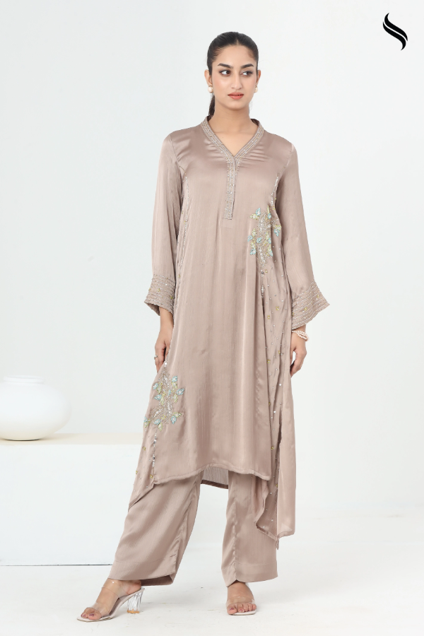 SEESHELL Women's Two Piece Silk Karchupi Light Taupe