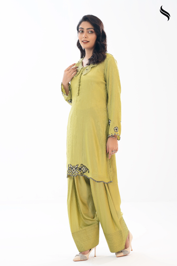SEESHELL Women's Co Ord Luxury Silk Bead Accents Lime