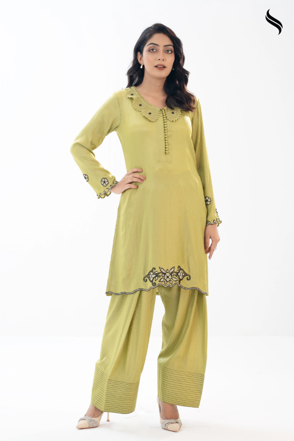 SEESHELL Women's Co Ord Luxury Silk Bead Accents Lime (Lime Green Color) 02