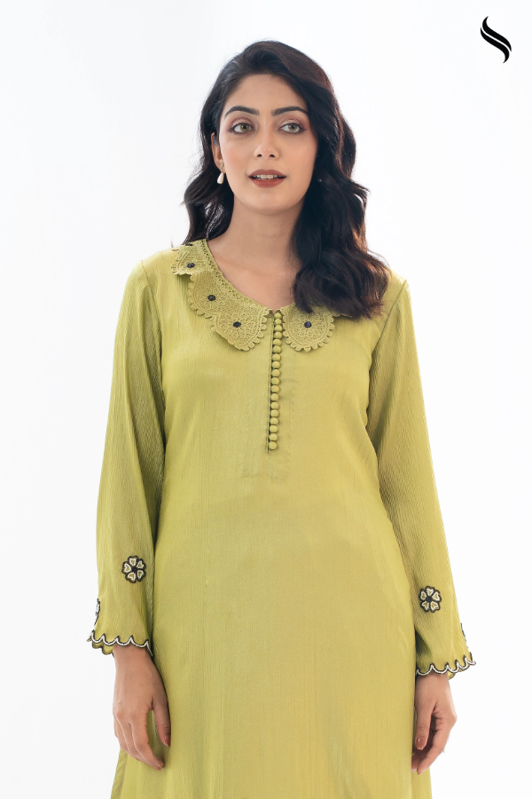 SEESHELL Women's Co Ord Luxury Silk Bead Accents Lime (Lime Green Color) 03