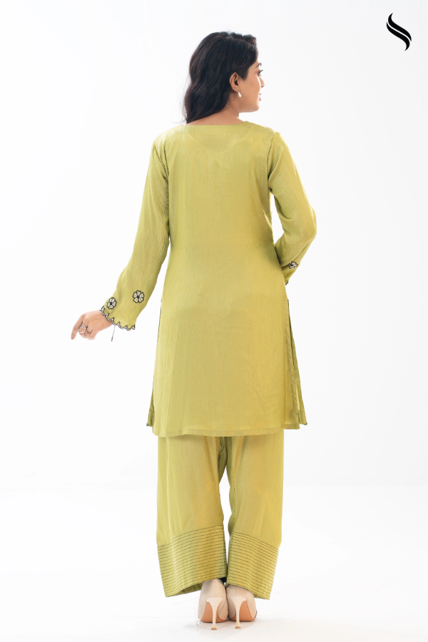 SEESHELL Women's Co Ord Luxury Silk Bead Accents Lime (Lime Green Color) 04