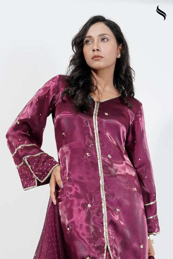 Luxury organza three piece set with all over karchupi work (Burgandy Color) 03