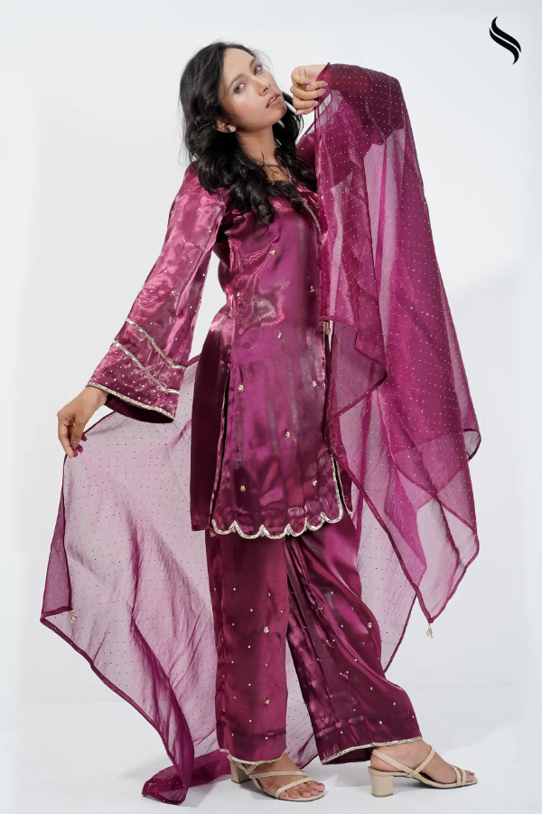 Luxury organza three piece set with all over karchupi work (Burgandy Color) 05