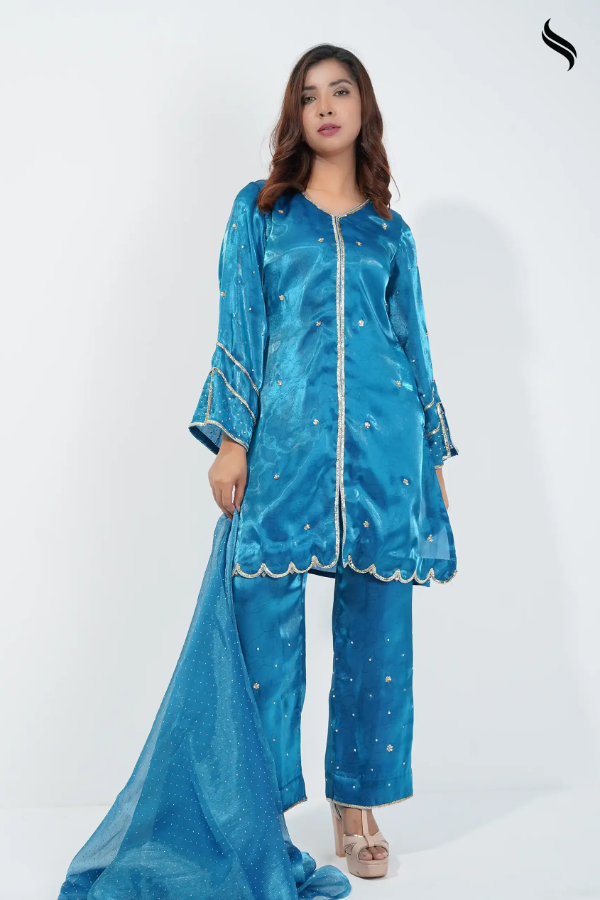 Luxury organza three piece set with all over karchupi work