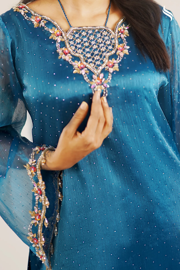 Luxury organza three piece set with all over stone and karchupi work (Sea green Color) 01