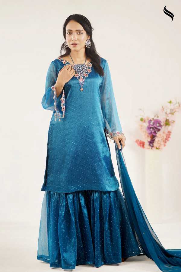 Luxury organza three piece set with all over stone and karchupi work (Sea green Color) 02