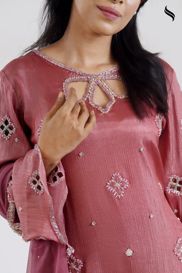 Luxury Silk Three Piece Set With Cutwork Design
