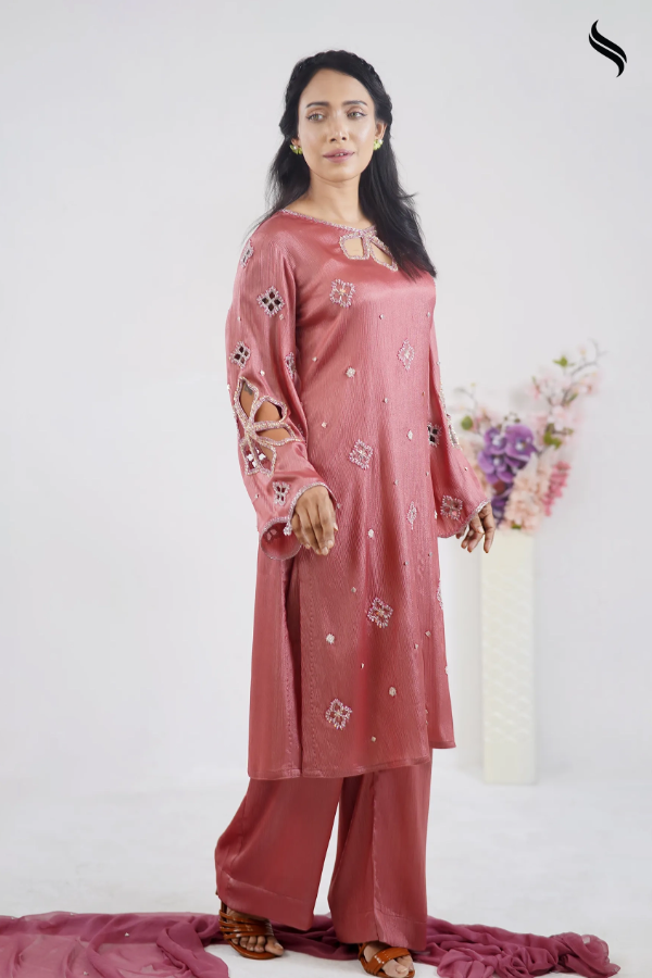 Luxury Silk Three Piece Set With Cutwork Design (Dusty rose Color) 02
