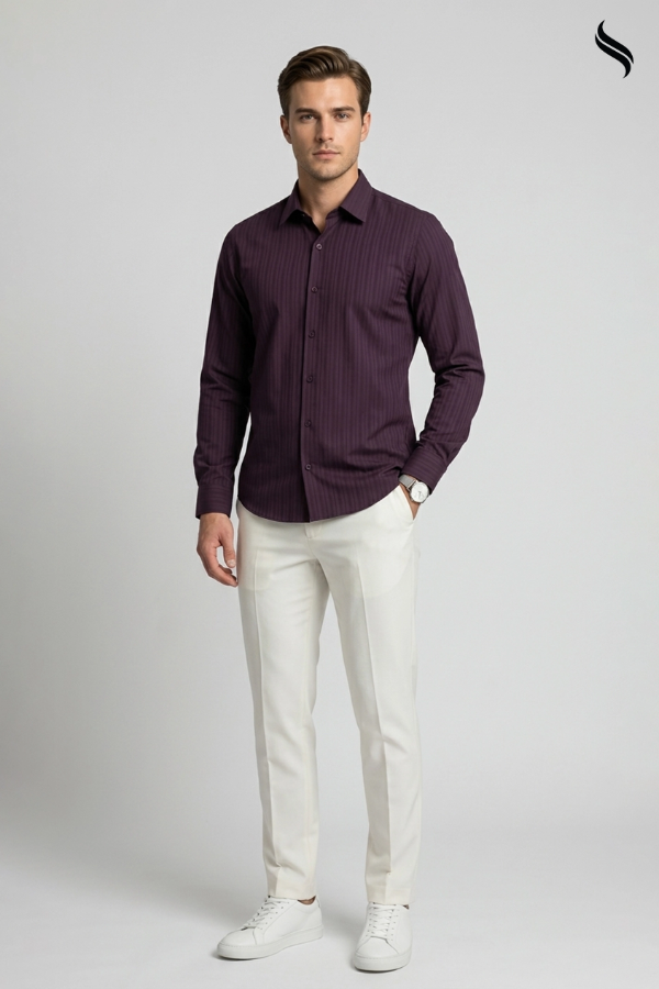 SEESHELL Men's Formal Shirt Premium Cotton Long Sleeve Maroon