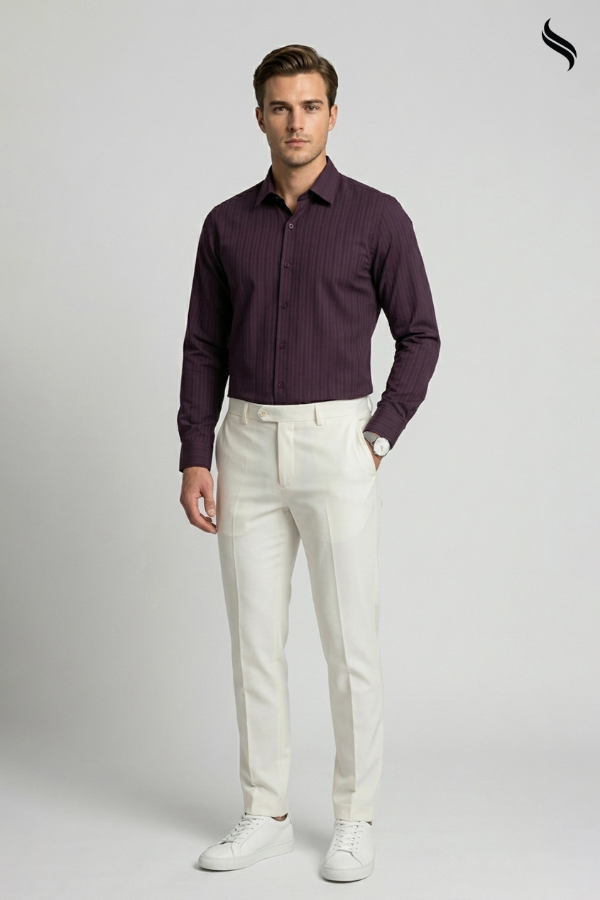 SEESHELL Men's Formal Shirt Premium Cotton Long Sleeve Maroon (Maroon Color) 02