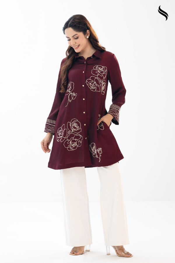 SEESHELL Women's Top Crinkle Silk Embroidery Dark Maroon (Dark Maroon Color) 02