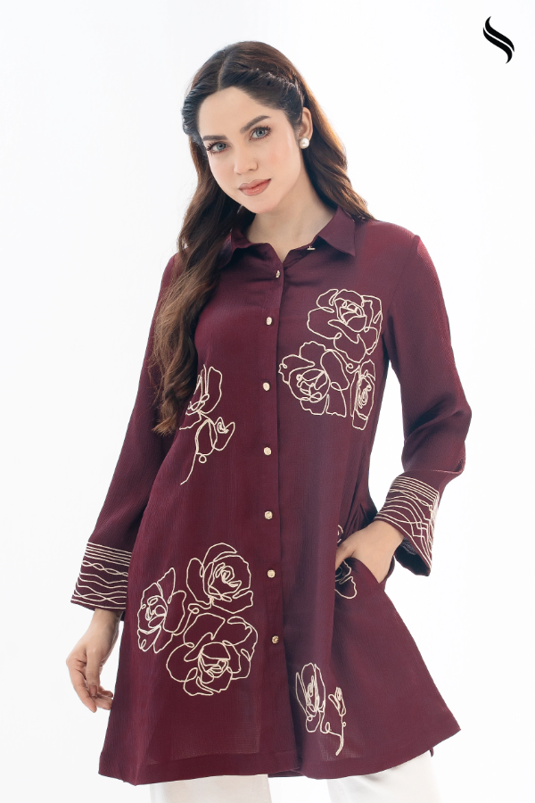SEESHELL Women's Top Crinkle Silk Embroidery Dark Maroon (Dark Maroon Color) 03