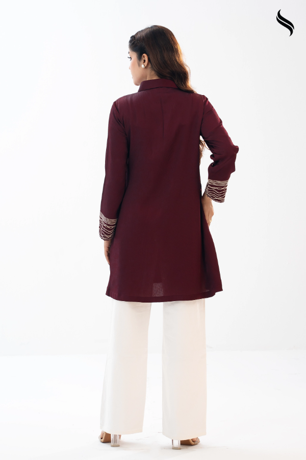 SEESHELL Women's Top Crinkle Silk Embroidery Dark Maroon (Dark Maroon Color) 04