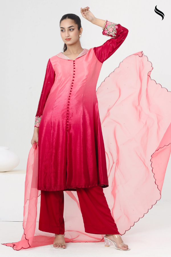 SEESHELL Women's Three Piece Silk Muslin Dupatta Maroon Ombre