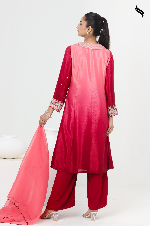 SEESHELL Women's Three Piece Silk Muslin Dupatta Maroon Ombre (Maroon Color) 03