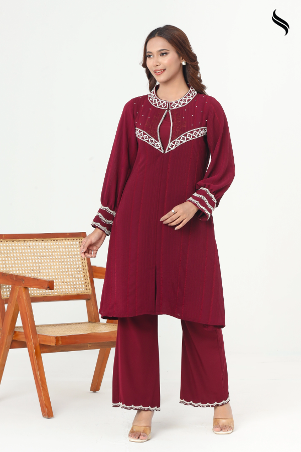 SEESHELL Women's Two Piece Silk Georgette Zardosi Maroon