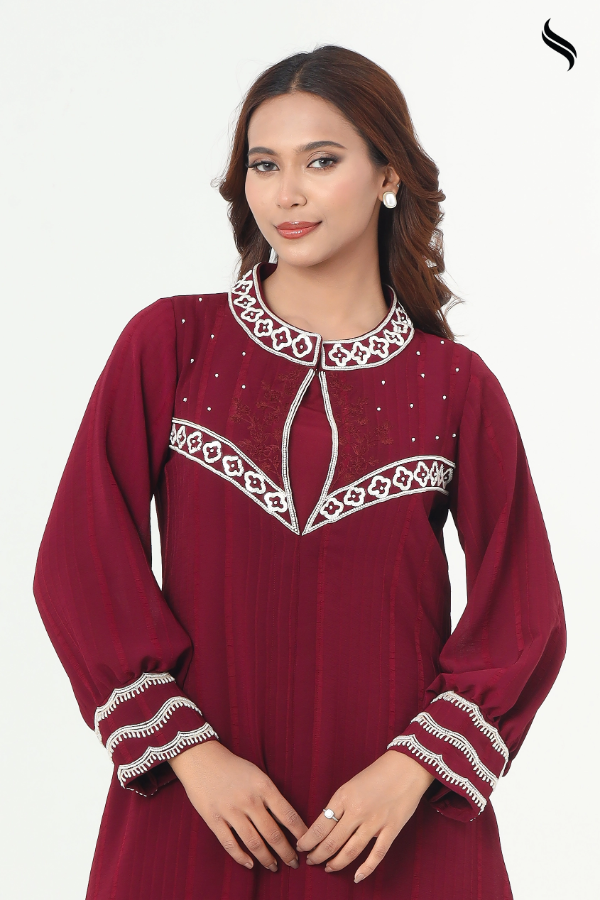 SEESHELL Women's Two Piece Silk Georgette Zardosi Maroon (Maroon Color) 02