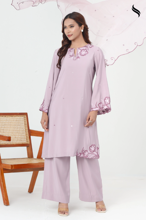 SEESHELL Women's Three Piece Blended Silk Mirror Work Mauve