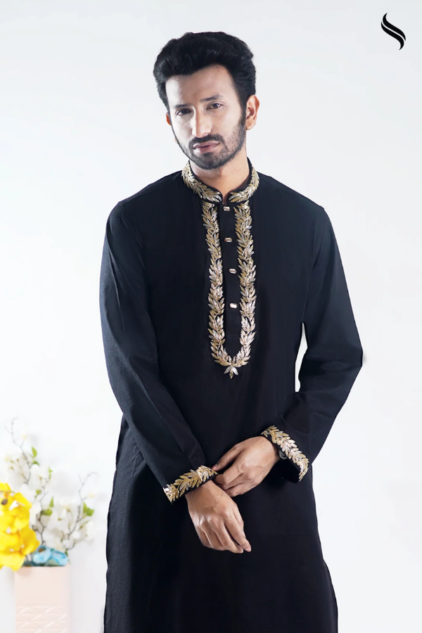 Men's Cotton Panjabi With Cord Embroidery (Black Color) 03