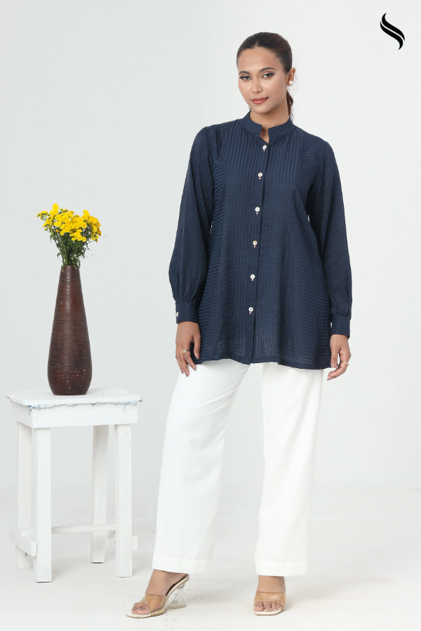 SEESHELL Women's Top Premium Cotton Button Work Midnight Blue