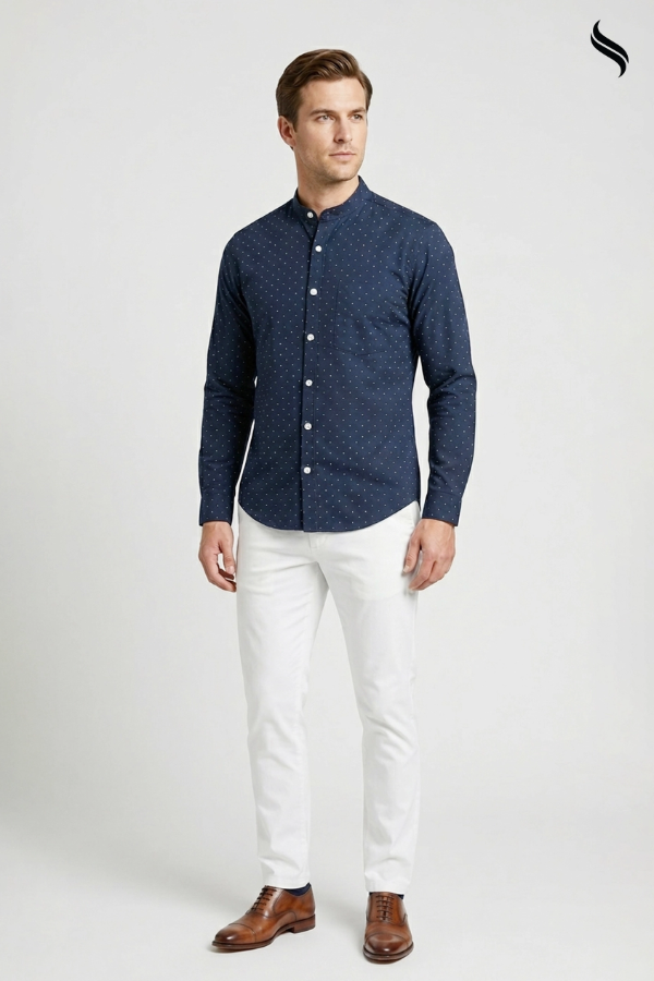 SEESHELL Men's Shirt Blended Cotton Polka Dot Midnight Bluen
