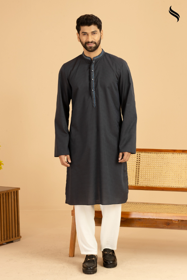 SEESHELL Men's Panjabi Blended Silk Embroidery Midnight Blue (Midnight blue Color) 02