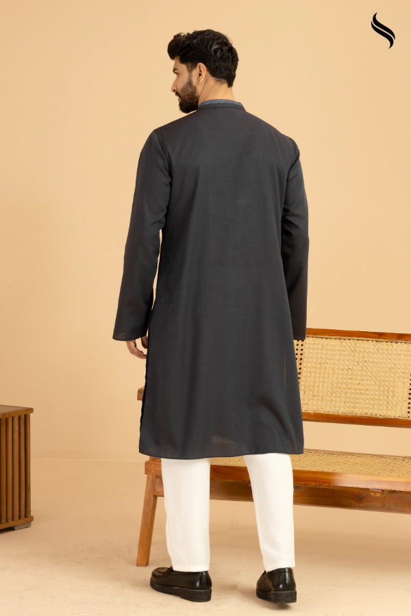 SEESHELL Men's Panjabi Blended Silk Embroidery Midnight Blue (Midnight blue Color) 03