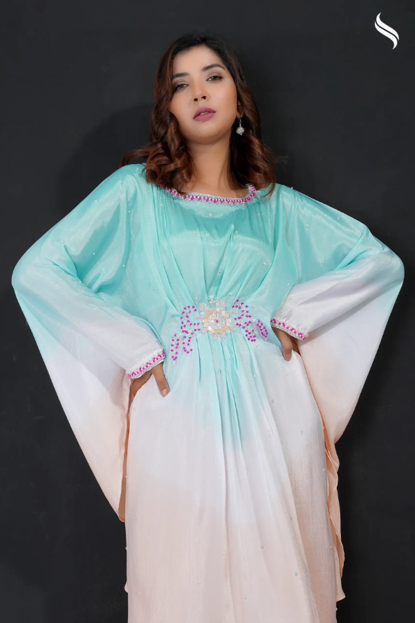 Mint and peach ombre kaftan two piece set with with zardousi work (Mint-peach ombre Color) 03
