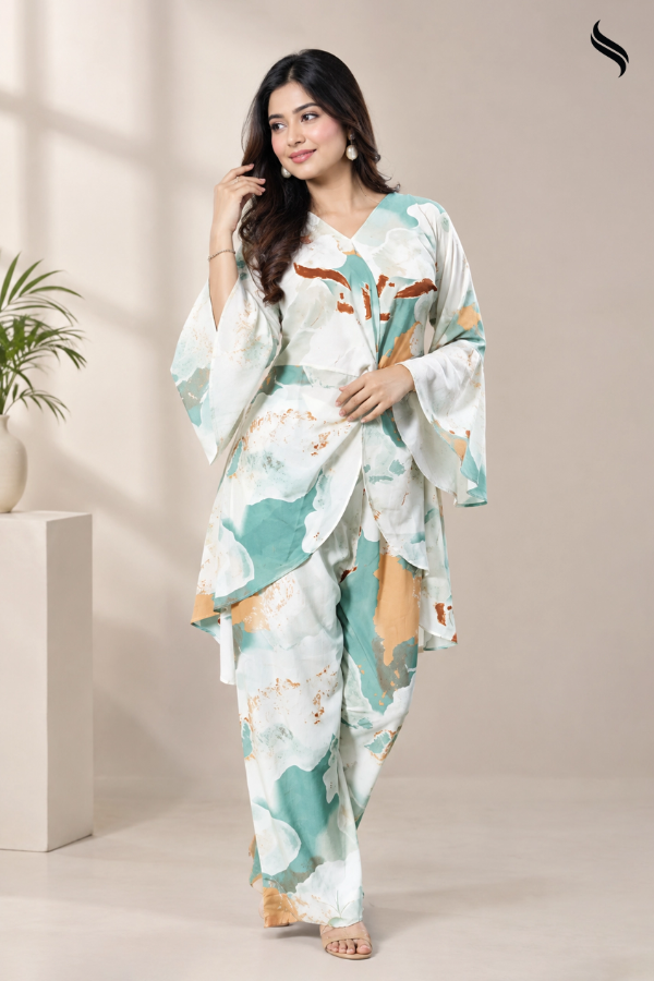 SEESHELL Women's 2pcs Set Printed Royal Silk (Off white- mint print Color) 01