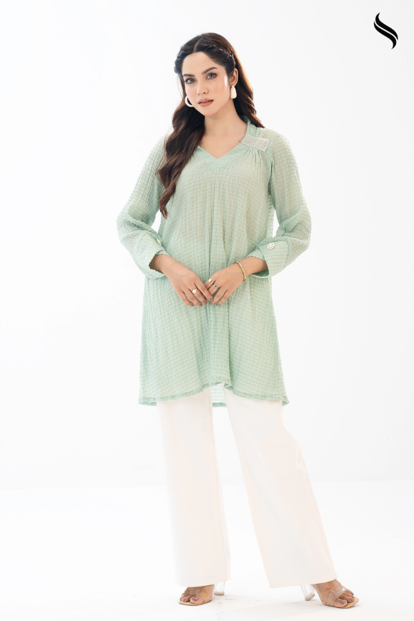 SEESHELL Women's Top Scrunched Silk Bead Detail Mint White (Mint Color) 01