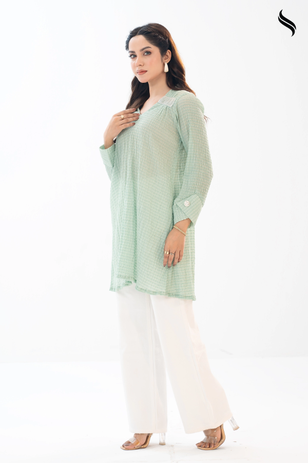 SEESHELL Women's Top Scrunched Silk Bead Detail Mint White (Mint Color) 02