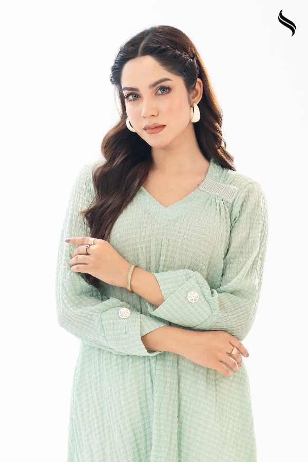 SEESHELL Women's Top Scrunched Silk Bead Detail Mint White (Mint Color) 03