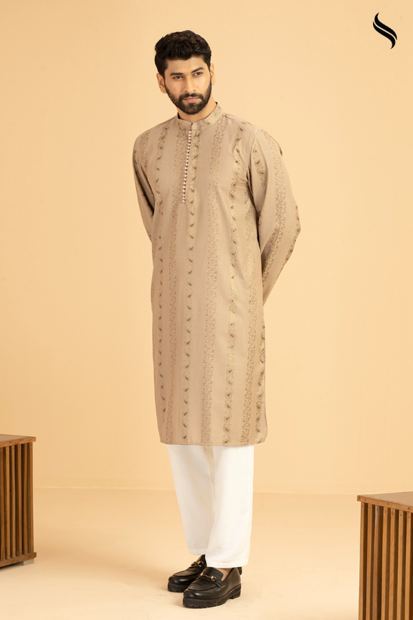 Mocha Brown Embossed Cotton Panjabi (Mocha Brown Color) 02