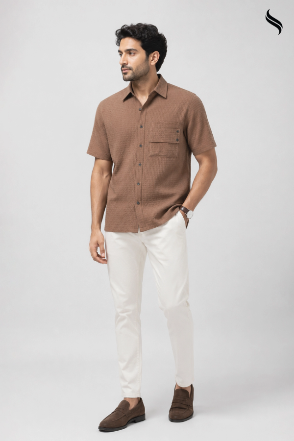 SEESHELL Men's Shirt Short Sleeve Soft Cotton Mocha