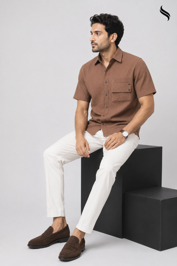 SEESHELL Men's Shirt Short Sleeve Soft Cotton Mocha (Mocha Color) 02
