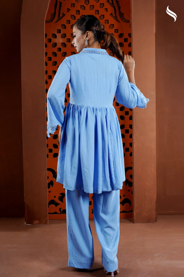 Monochromatic short frock style shirt two piece set with bows (Powder blue Color) 04