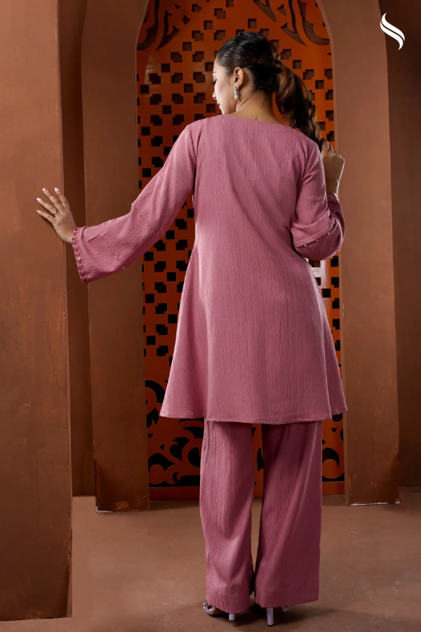 Monochromatic two piece  assymetric set with lace appliques (Dusty rose Color) 03