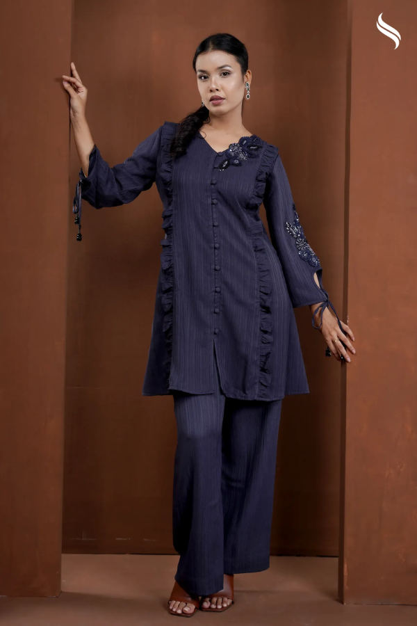 Monochromatic two piece set with frill panels (Charcoal Grey Color) 01