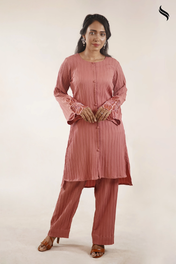 Monochrome co-ord sets with floral lace applique (Dusty rose Color) 02