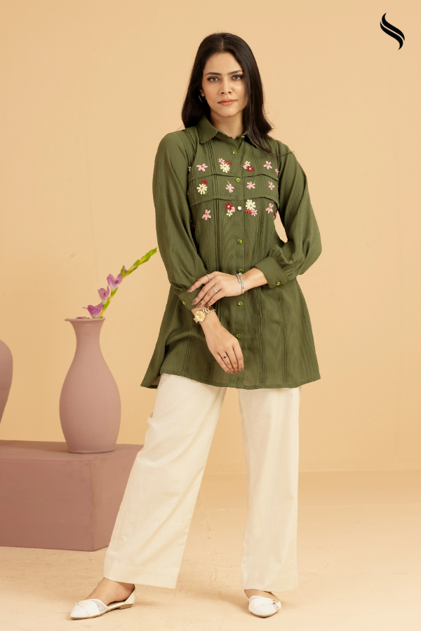 SEESHELL Women's Top Blended Silk Lace Applique Moss Green