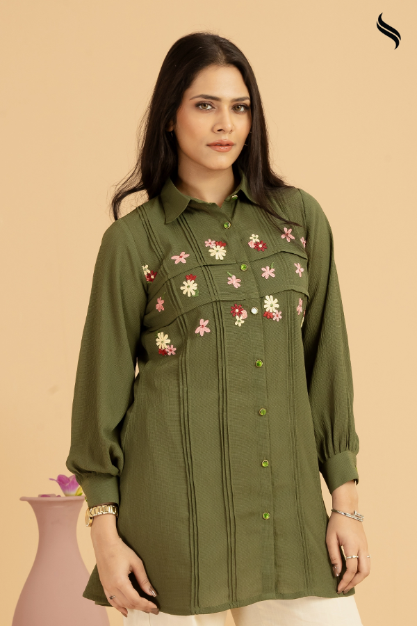 SEESHELL Women's Top Blended Silk Lace Applique Moss Green (Moss Green Color) 02
