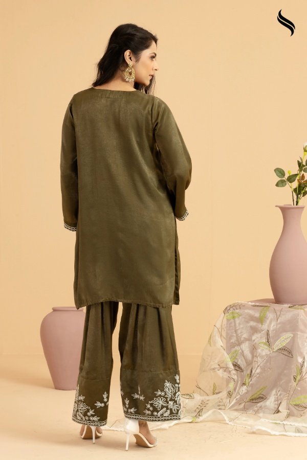 SEESHELL Women's Three Piece Blended Silk Embroidery Moss Green (Moss Green Color) 03