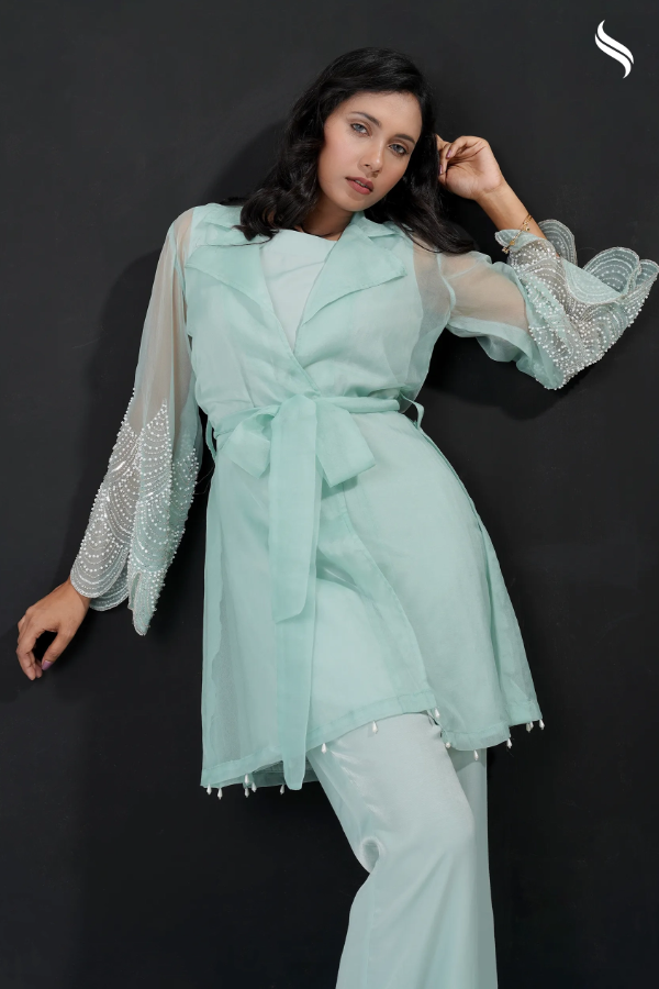 Muslin & swiss velvet Color- Ash blue & Mint Embellishment- Pearl applique & pearl fringes