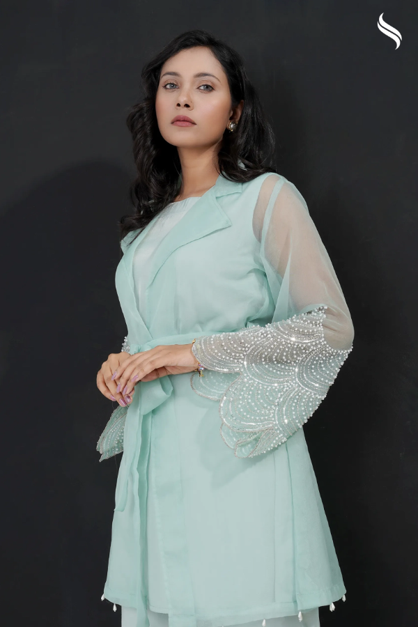Muslin & swiss velvet  Color- Ash blue & Mint  Embellishment- Pearl applique & pearl fringes (Mint Color) 02