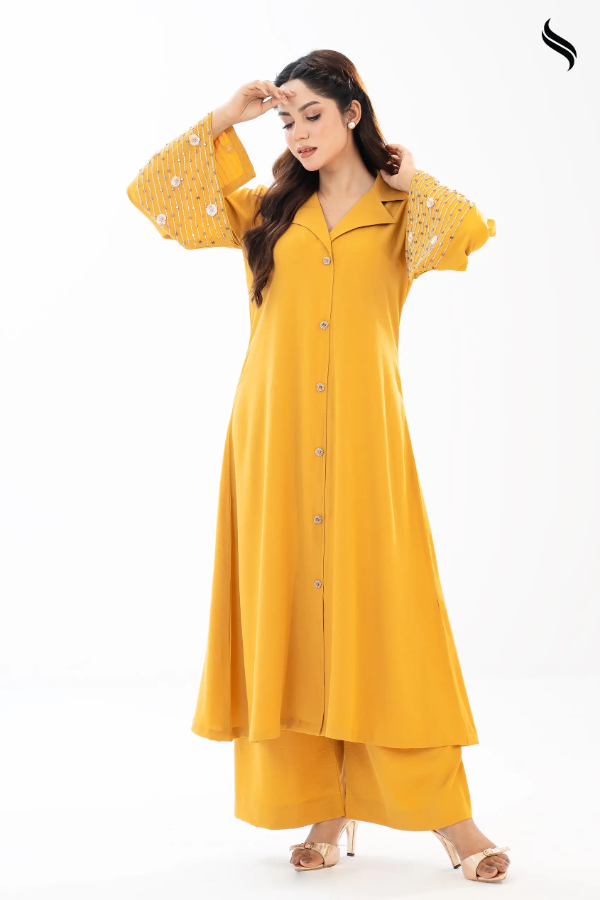 SEESHELL Women's Two Piece Silk Karchupi Mustard Yellow